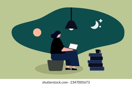 Illustration depicting a woman working with a laptop from morning to night. A woman working on a laptop computer at home. Vector flat style illustration