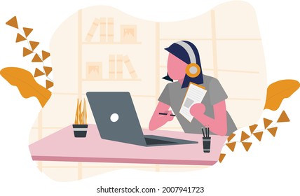 Illustration depicting a women working from home and this character is best suitable for corporate designs in place of work from home, online exams, online tuitions etc.