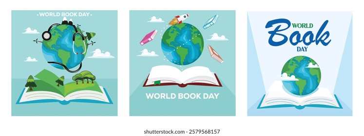 Illustration depicting World Book Day with a globe emerging from an open book. Symbolizing knowledge, education, imagination, and the celebration of global literature. World Book Day concept.