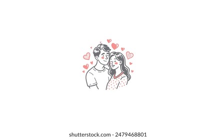 Illustration depicting a young couple standing, smiling, and embracing each other, portraying love, tenderness, and romantic feelings.