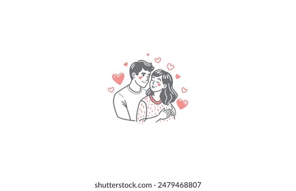 Illustration depicting a young couple standing, smiling, and embracing each other, portraying love, tenderness, and romantic feelings.