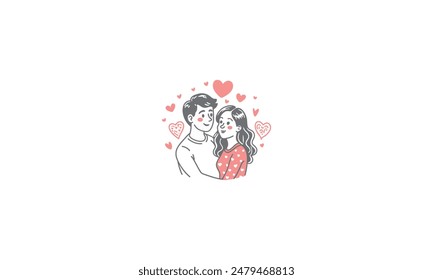 Illustration depicting a young couple standing, smiling, and embracing each other, portraying love, tenderness, and romantic feelings