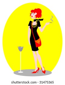 Illustration depicting a young elegant woman smokes while