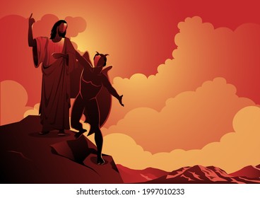 An illustration of depiction of the temptation of Satan to Jesus Christ. Biblical Series