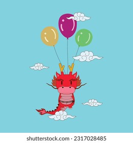 The illustration depicts an adorable and whimsical kawaii dragon floating in the air, accompanied by a colorful balloon. eps 10