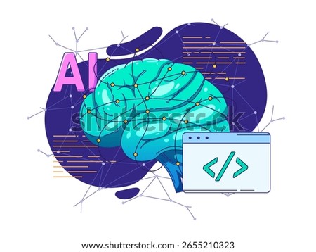 Illustration depicts an artificial intelligence brain with interconnected neural networks and a digital code interface. It symbolizes advanced machine learning, data processing, and modern technology 
