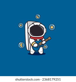 The Illustration depicts an astronaut playing a blue guitar, with bubbles containing stars and the moon
