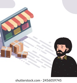 The illustration depicts a bearded man contemplating his digital store purchases, represented by a floating screen and packages, in a minimalist style.

