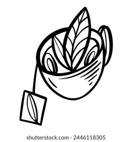 The illustration depicts a black mug with leaves inside, executed in a linear style. This design conveys a sense of natural harmony and coziness.