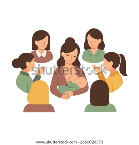 Illustration depicts a breastfeeding support group providing encouragement and guidance showing the importance of community support within a circle of care promoting maternal and infant