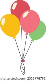 The illustration depicts a bunch of five balloons in various colors: red, pink, yellow, and green. The balloons are tied together at the bottom with strings, creating a festive and cheerful appearance