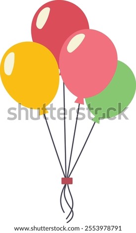 The illustration depicts a bunch of five balloons in various colors: red, pink, yellow, and green. The balloons are tied together at the bottom with strings, creating a festive and cheerful appearance