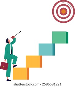 The illustration depicts a business professional, holding a briefcase in one hand and an arrow in the other, climbing colorful stairs. highlighting the journey and effort required to reach success.