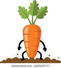 Illustration depicts a cartoon carrot character with green leaves and black arms and legs standing on brown soil, conveying a playful and lively mood.
