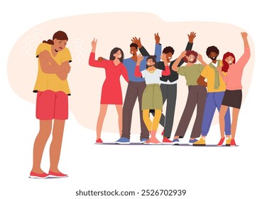 Illustration Depicts Cartoon Female Character Isolated And Experiencing Fear While A Group Is Joyfully Gathered Around Them. Vector Image Captures Concepts Of Paranoia, Anxiety, And Social Phobia