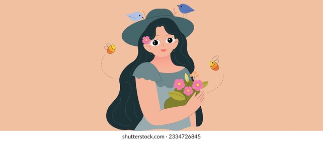 The illustration depicts a charming young girl surrounded by a bountiful array of colorful flowers. Standing in a whimsical, sunlit meadow, she exudes an aura of pure joy and innocence.