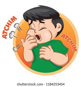 Illustration depicts a child character giving sneezing, allergy, rhinitis, flu. Ideal for health and institutional information