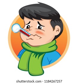 Illustration depicts a child character with thermometer in his mouth, sick, wearing winter clothing. Ideal for health and institutional information