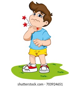 Illustration depicts a child character with tuft, throat pain symptoms. Ideal for health and institutional information