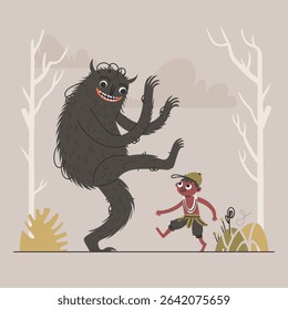 An illustration depicts a child encountering a playful monster in a stylized forest setting. The scene is rendered in muted colors, with whimsical shapes.