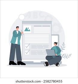 Illustration depicts colleagues collaborating on a project using a laptop and a large screen presentation. 