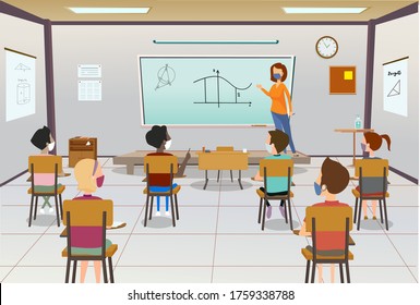 The illustration depicts a concept classroom session with undertaking distancing and more prevention methods.