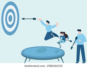 The illustration depicts a concept of teamwork and strategy where three individuals are working together to achieve a goal.