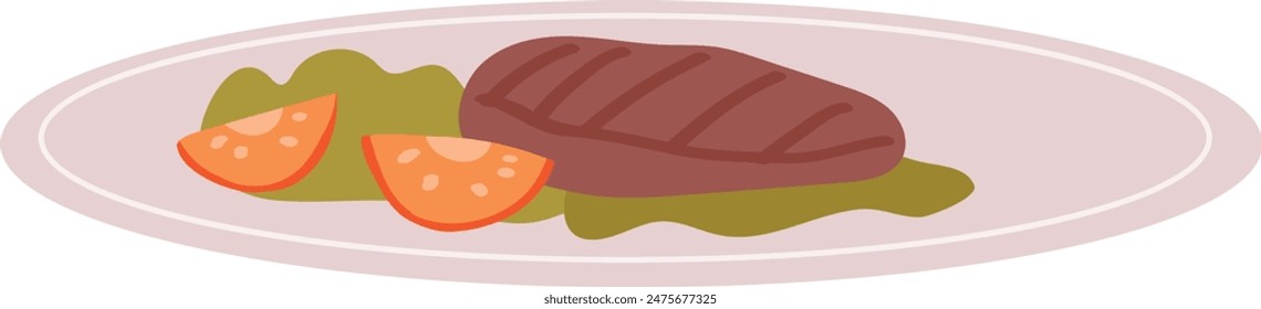 Illustration depicts cooked steak, lettuce greens, tomato slices served oval plate minimalistic style. Primary colors red brown green simple vector art isolated white background. Meal icon suitable