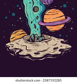 An illustration depicts a cosmic crater on a moon or asteroid with planets and stars in the background; a teal energy stream flows into the crater.