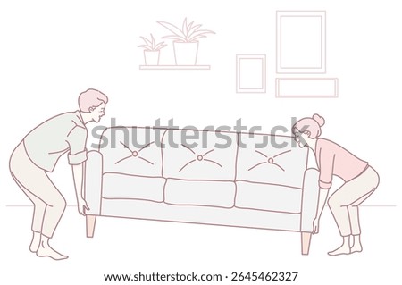 The illustration depicts a couple collaboratively lifting a sofa, highlighting the importance of teamwork in moving