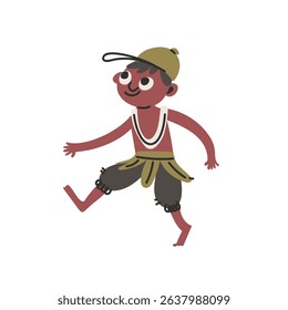 An illustration depicts a cute young boy, wearing a cap and traditional outfit, stepping forward with a joyful expression. Isolated on a white background.