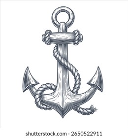 The illustration depicts a detailed black and white drawing of a classic ship's anchor with a rope wrapped around its shank. Sketch vector illustration, design element.