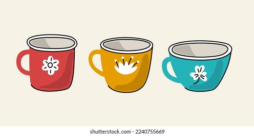 The illustration depicts different cups for drinks. A set of isolated objects on a light background.