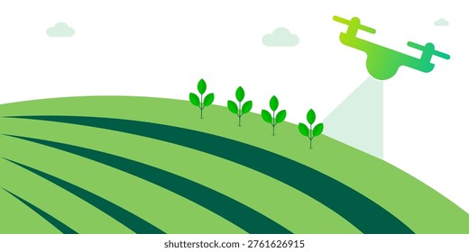 An illustration depicts a drone flying over a green agricultural field with five young plants, utilizing precision farming technology for efficient crop monitoring and sustainable growth.