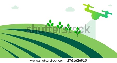 An illustration depicts a drone flying over a green agricultural field with five young plants, utilizing precision farming technology for efficient crop monitoring and sustainable growth.