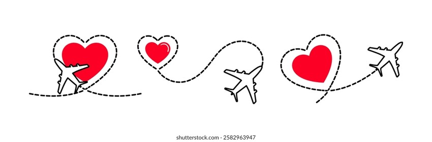 illustration depicts a dynamic set of planes in flight, symbolizing love and adventure. A heart motif emphasizes the theme of honeymoon and the joy of travel together. Perfect for romantic journeys.