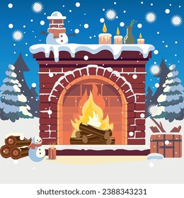 The illustration depicts a fireplace, in which the fire burns. It is an atmospheric illustration of the winter holidays. The fireplace is placed outdoors, which signifies the harmony of nature.