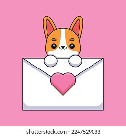 The illustration depicts a fluffy and adorable corgi holding a love letter in its small front paws. The corgi has big round eyes and a fluffy tail, with brown fur. The letter, held carefully