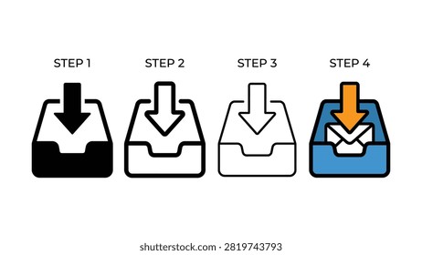 Illustration depicts four sequential steps of placing items in a folder and sending an email