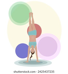 The illustration depicts a girl standing on her hands upside down in a pose associated with fitness or gymnastics. She has demonstrated a high level of flexibility, strength, and balance to maintain s