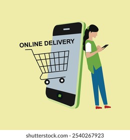 A ilustração mostra uma menina de pé e fazendo um pedido de compras online. Um celular mostrando o carrinho de compras com texto de entrega online. Esta ilustração é um design para compras online 