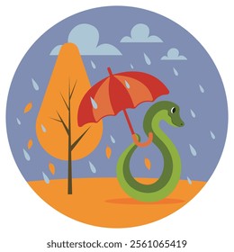 The illustration depicts a green snake holding a red umbrella in the rain. In the background is an autumn landscape with an autumn tree, falling leaves, and gray clouds.