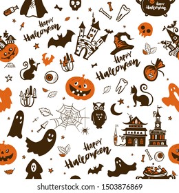 The illustration depicts Halloween holiday symbols in the form of a seamless pattern. They can be used for thematic events, cards, banners and as a template - used for packaging or printing.