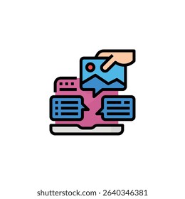 An illustration depicts a hand adding an image to a laptop screen displaying text bubbles and code, symbolizing content creation or online communication.