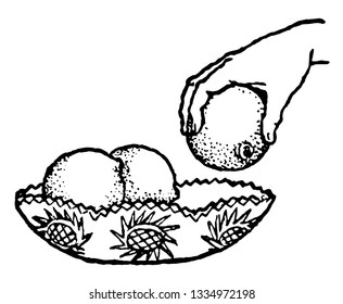 Illustration depicts a hand taking fruit from fruit bowl, vintage line drawing or engraving illustration