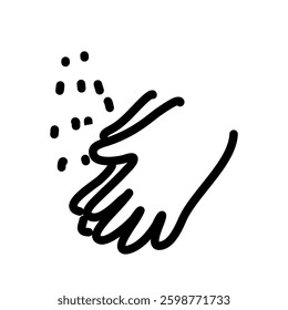 Illustration depicts hands using soap or sanitizer droplets. Emphasizes cleanliness and hygiene through a minimalist lineart style for universal understanding.