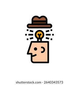 An illustration depicts a head with a lightbulb above it, symbolizing an idea, and a fedora hat on top, suggesting intellect or mystery.