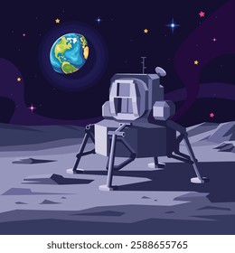 An illustration depicts an Human Space Lander on the moon, with Earth visible in the background, highlighting the vastness of space and the significance of lunar exploration.