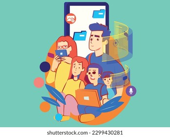 The illustration depicts the importance of child and youth protection on social media. It features a group of children and young people interacting with various social media platforms, Metaverse