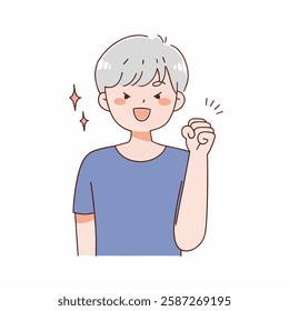 The illustration depicts a joyful young man with short gray hair, exhibiting determination by clenching his fist.